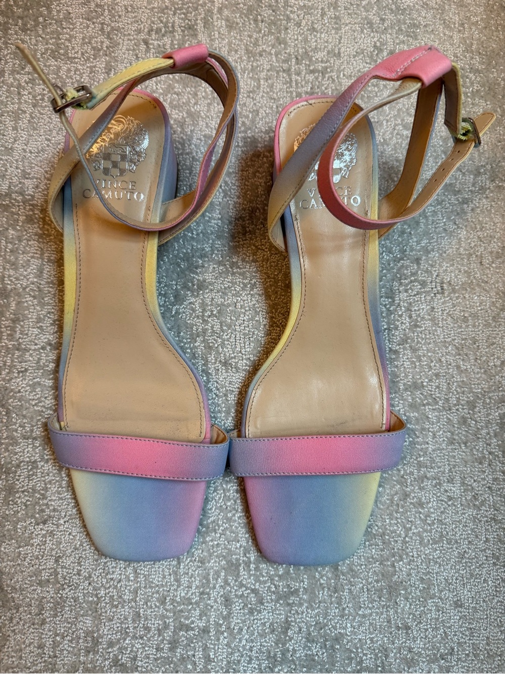 Vince Camuto Pastel Rainbow Gradient Ankle-Strap Sandals in Pink, Blue, Yellow